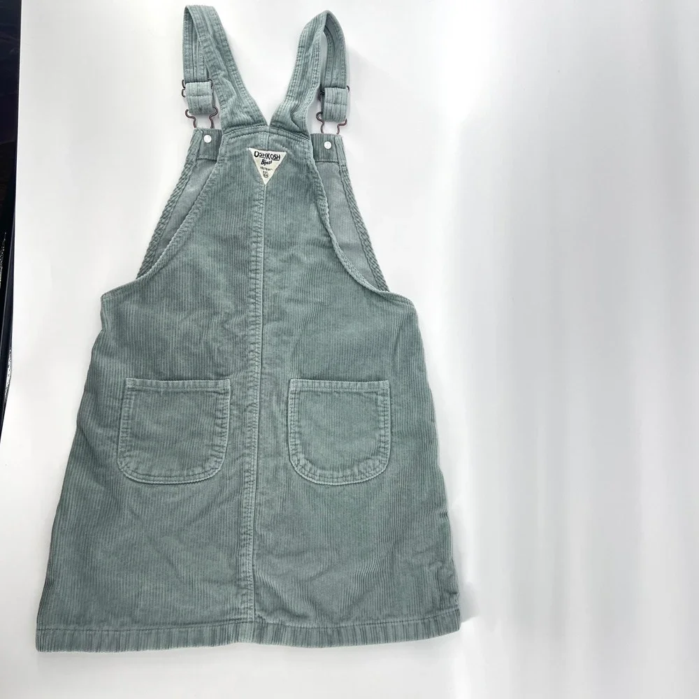 OshKosh B'gosh Girls Sz 12 Sage Green Corduroy Jumper Dress Button Front Vestbak
